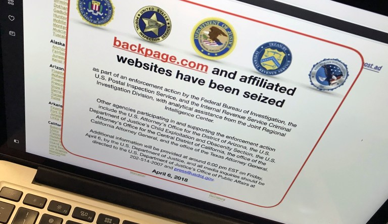 A notice that appeared on Backpage.com says the website is being seized as part of an enforcement action by the FBI and other agencies.