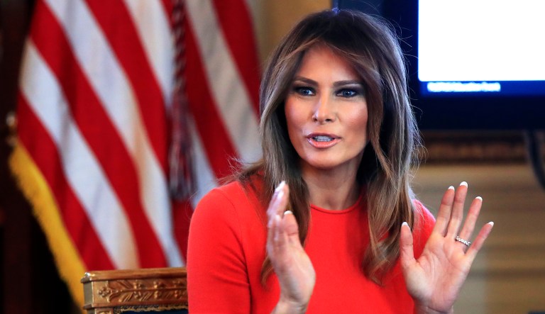 First lady Melania Trump speaks during a discussion in the Blue Room of the White House in Washington.