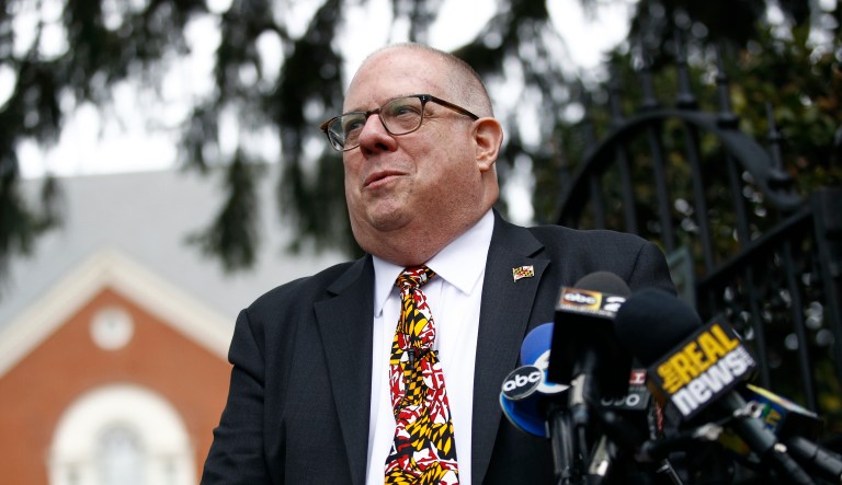 Maryland Gov. Larry Hogan speaks at a news conference in Annapolis, Md., Apr. 9, 2018, the final day of the state's 2018 legislative session. 