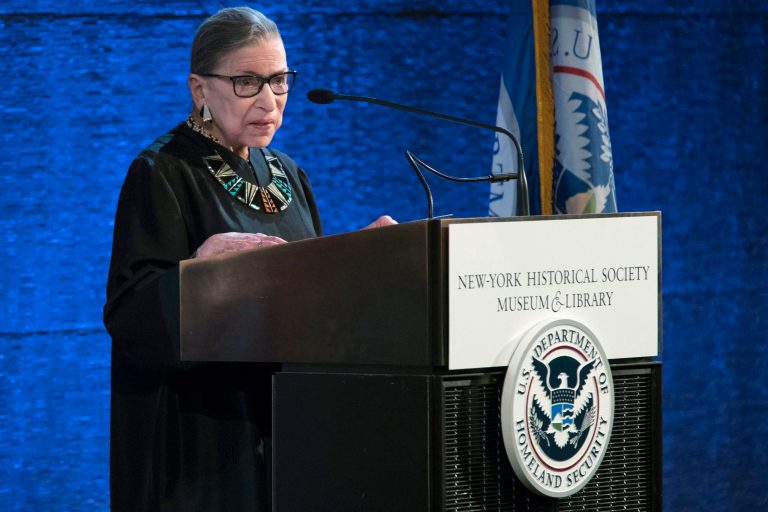 U.S. Supreme Court Justice Ruth Bader Ginsburg delivers a speech during a swearing in ceremony for new American citizens in New York. Justice Ginsberg administered the Oath of Allegiance to 200 immigrants from 59 countries who became U.S. citizens.