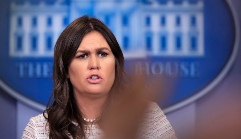 White House press secretary Sarah Huckabee Sanders talks to reporters during the daily press briefing in the Brady press briefing room at the White House in Washington, D.C.