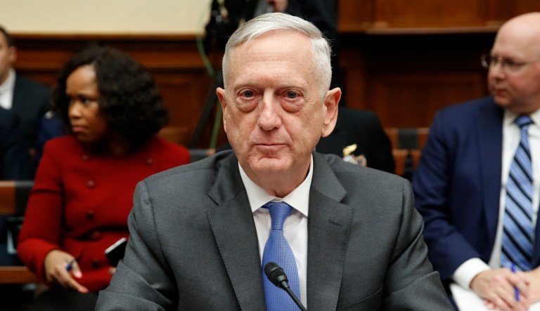 Defense Secretary Jim Mattis is seated to testify on the FY2019 budget during a hearing of the House Armed Services Committee on Capitol Hill in Washington. 