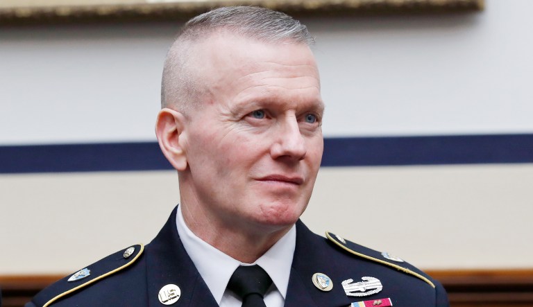 Senior Enlisted Advisor to the Chairman of the Joint Chiefs, Command Sgt. Major Command Sergeant Major John Wayne Troxell stands before a hearing of the House Armed Services Committee on Capitol Hill in Washington, D.C.