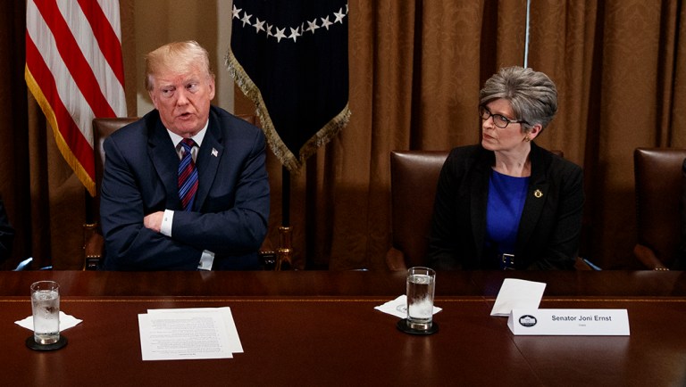 President Trump speaks during a meeting with governors and lawmakers in the Cabinet Room of the White House, Thursday, April 12, 2018, in Washington. From left, Gov. Pete Ricketts, R-Neb., Sen. John Thune, R-S.D., Trump, and Sen. Joni Ernst, R-Iowa.