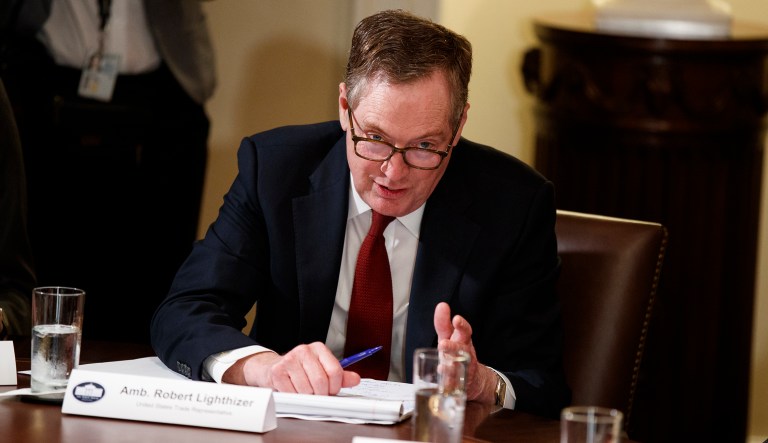 United States Trade Representative Robert Lighthizer speaks during a meeting between President Trump and governors and lawmakers in the Cabinet Room of the White House on April 12, 2018.