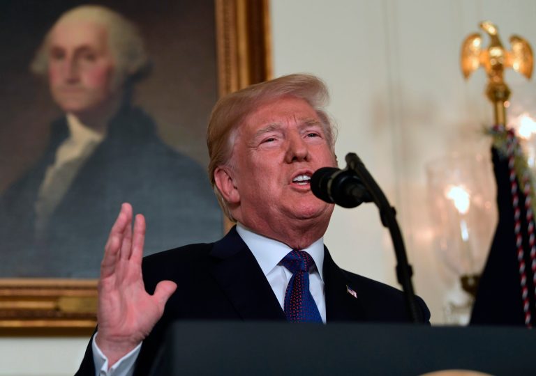 President Donald Trump speaks in the Diplomatic Reception Room of the White House on Friday, April 13, 2018, in Washington, about the United States' military response to Syria's chemical weapon attack on April 7.