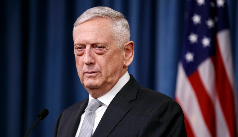 Defense Secretary Jim Mattis speaks during a press briefing.