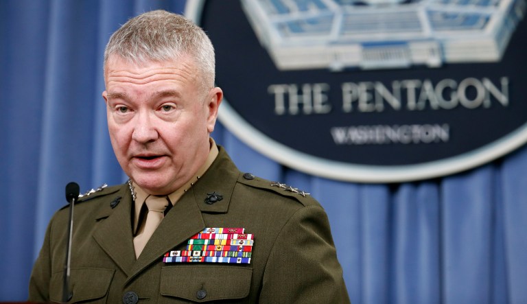 Marine Lt. Gen. Kenneth F. McKenzie Jr., director, Joint Staff, speaks during a media availability at the Pentagon, Saturday, April 14, 2018, in Washington. 