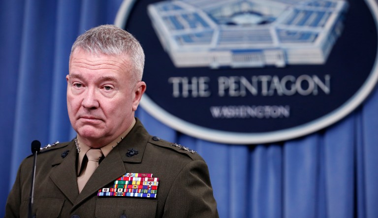 Marine Lt. Gen. Kenneth F. McKenzie Jr., director, Joint Staff, pauses while speaking during a media availability at the Pentagon, Saturday, April 14, 2018, in Washington.