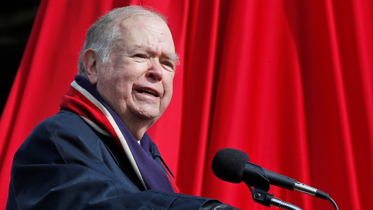 David Boren, president of the University of Oklahoma, speaks during the unveiling of a statue.