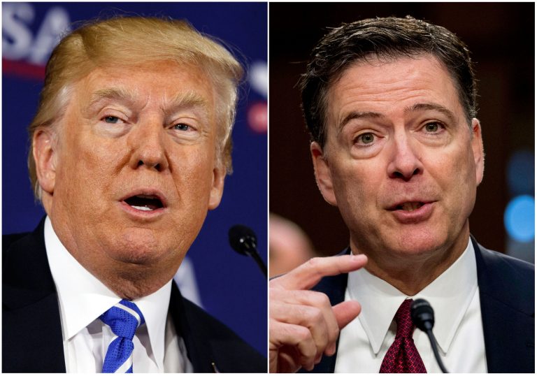 This combination photo shows President Donald Trump speaking during a roundtable discussion on tax policy in White Sulphur Springs, W.Va., on April 5, 2018, left, and former FBI director James Comey speaking during a Senate Intelligence Committee hearing on Capitol Hill in Washington on June 8, 2017. Trump fired off a series of tweets ahead of Comey's first interview on his book, "A Higher Loyalty: Truth, Lies, and Leadership," which offers his version of the events surrounding his firing as FBI director by Trump. The interview will air Sunday night on ABC.