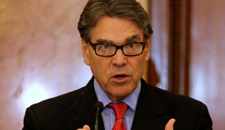 U.S. Energy Secretary Rick Perry speaks during a joint press conference with India's Petroleum Minister Dharmendra Pradhan in New Delhi, India, Tuesday, April 17, 2018. Perry is on his first visit to India in a move to enhance bilateral energy cooperation. 