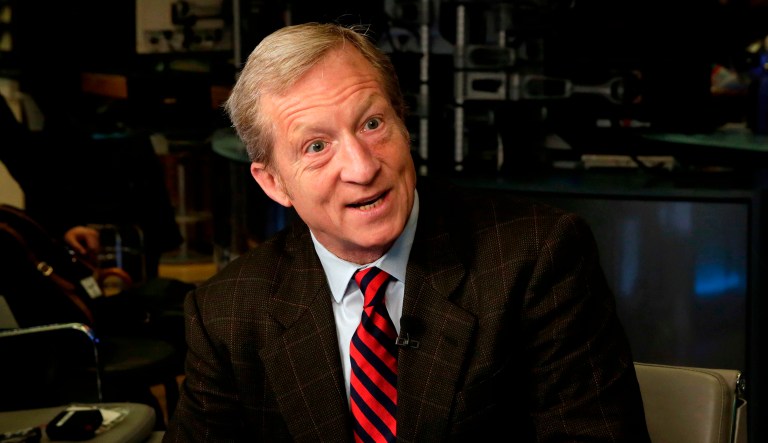 FILE--In this April 2, 2018, file photo, Tom Steyer, is interviewed in New York. California billionaire Steyer is endorsing California state Sen. Kevin de Leon, the Democrat challenging U.S. Sen. Dianne Feinstein.