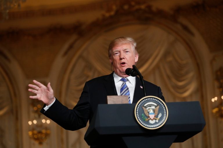 President Trump talks during a news conference with Japanese Prime Minister Shinzo Abe at Trump's private Mar-a-Lago club on Wednesday in Palm Beach, Fla.