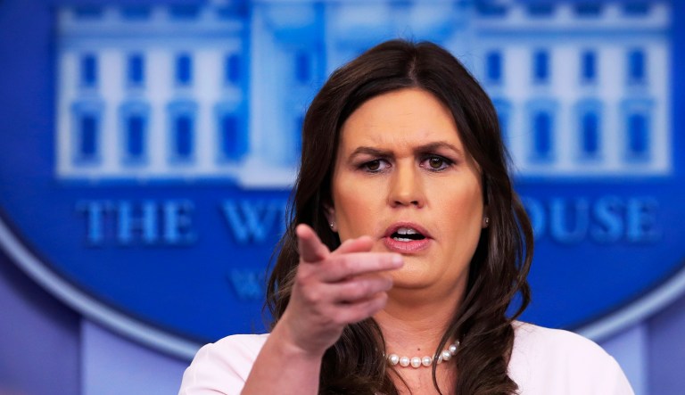 White House press secretary Sarah Huckabee Sanders talks to reporters during the daily press briefing in the Brady press briefing room at the White House.