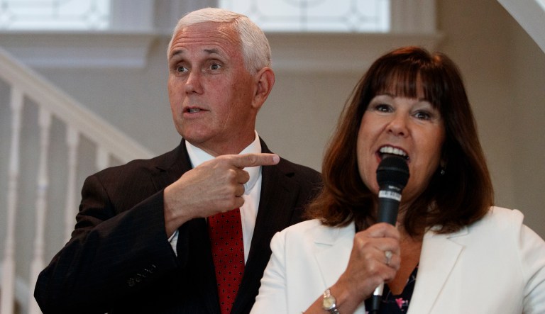 Vice President Mike Pence points to his wife Karen Pence as she speaks at the vice president's residence, the Naval Observatory, in Washington, Monday, April 23, 2018.