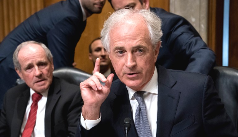 Sen. Jim Risch, R-Idaho, left, and Senate Foreign Relations Committee Chairman Bob Corker, R-Tenn., sit during a hearing on Capitol Hill.