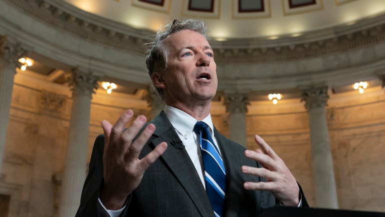 Sen. Rand Paul, R-Ky., a member of the Senate Foreign Relations Committee, does a TV news interview on Capitol Hill.