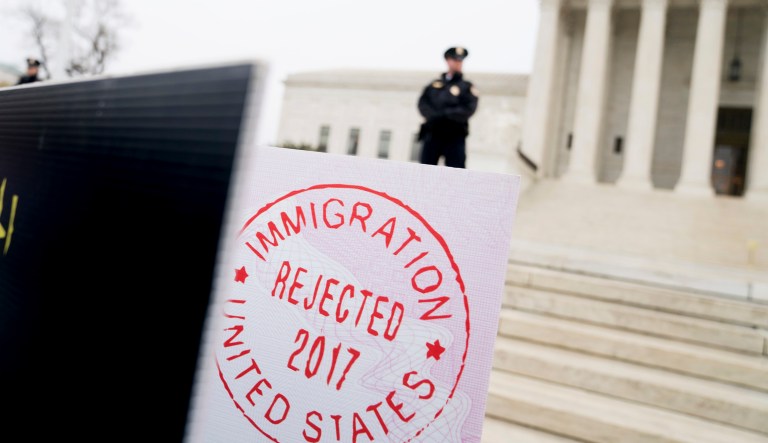 Poster sized enlargements of passports marked as "rejected" by United States Immigration are on display at the Supreme Court.