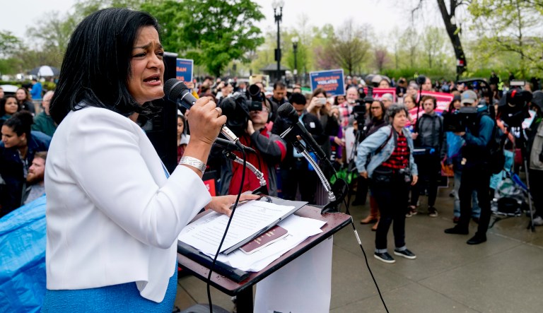 Rep. Pramila Jayapal, D-Wash., speaks at a rally outside the Supreme Court, April 25, 2018, in Washington.