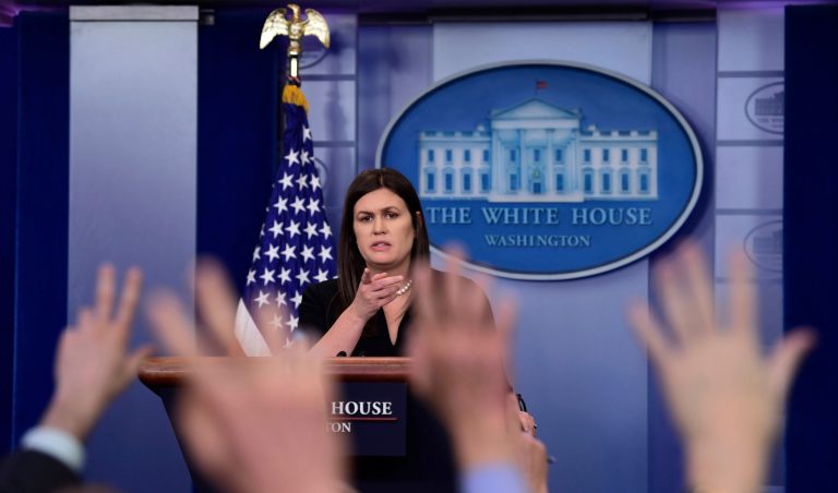 White House press secretary Sarah Huckabee Sanders calls on a reporter during the daily briefing at the White House in Washington, Wednesday, April 25, 2018. Sanders was asked about North Korea, the state visit of French President Emmanuel Macron and other topics. (AP Photo/Susan Walsh)