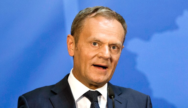 European Council President Donald Tusk speaks during a press conference.