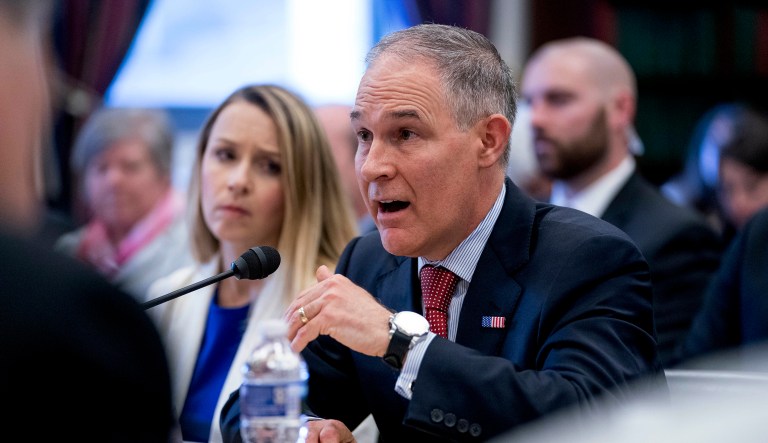 Environmental Protection Agency Administrator Scott Pruitt (center) testifies at a hearing on Capitol Hill in Washington, D.C.
