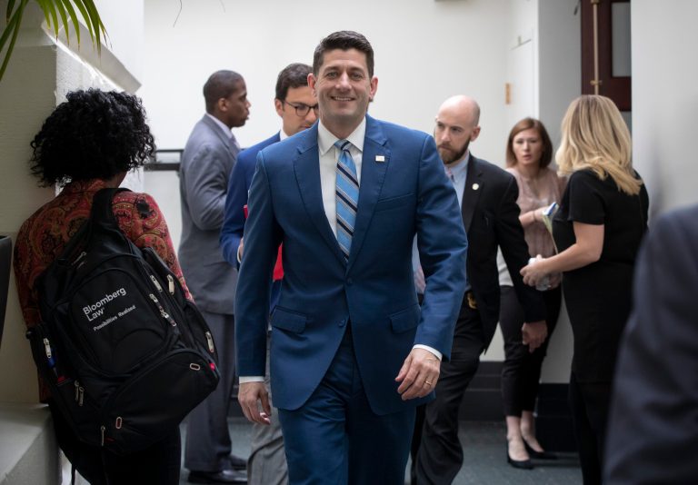 Speaker of the House Paul Ryan, R-Wis., leaves a meeting of the House Republican Conference on Capitol Hill in Washington, Friday, April 27, 2018. It was discussed during the closed-door meeting that Chaplain of the House of Representatives Father Patrick J. Conroy, a Roman Catholic priest from the Jesuit order, has been forced out after seven years by Ryan after complaints by some lawmakers claimed he was too political.