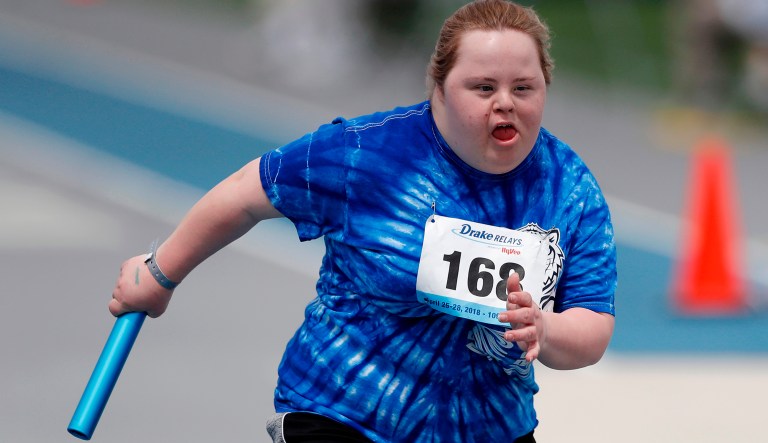 Griswold Tigers' Elizabeth Million runs during the Special Olympics 4 x 100-meter relay at the Drake Relays athletics meet, Friday, April 27, 2018, in Des Moines, Iowa.