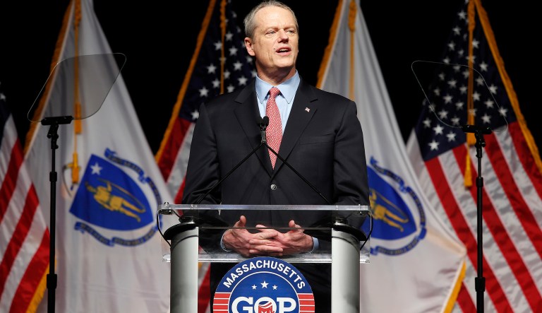 Massachusetts Governor Charlie Baker addresses the Massachusetts Republican Convention at the DCU Center in Worcester, Mass., Saturday, April 28, 2018.
