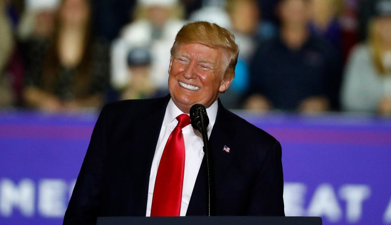 President Trump smiles during a campaign rally in Washington Township, Mich. 