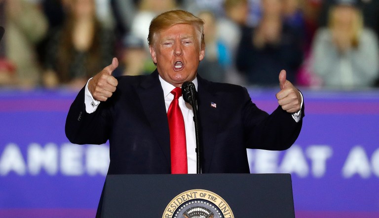 President Trump speaks during a campaign rally in Washington Township, Mich. 