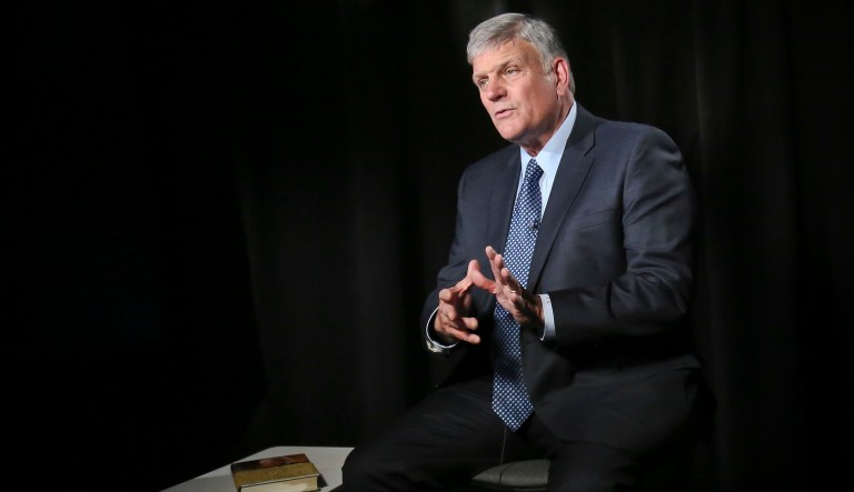 In this May 1, 2018, photo, the Rev. Franklin Graham speaks during an interview about his latest book "Through my Father's Eyes," about his father the late evangelist Billy Graham in New York. Billy Graham's oldest son, Franklin, says his new book about his father is meant to share lessons he learned from the man known as "America's Pastor."