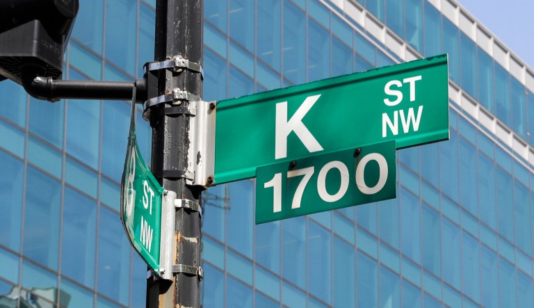 Known as a center for lobbyists, lawyers, and think tanks, the K Street corridor is seen in northwest Washington at 18th Street. In political discourse, "K Street" has become synonymous with the effort by high-power advocacy groups to influence decision-making in government.
