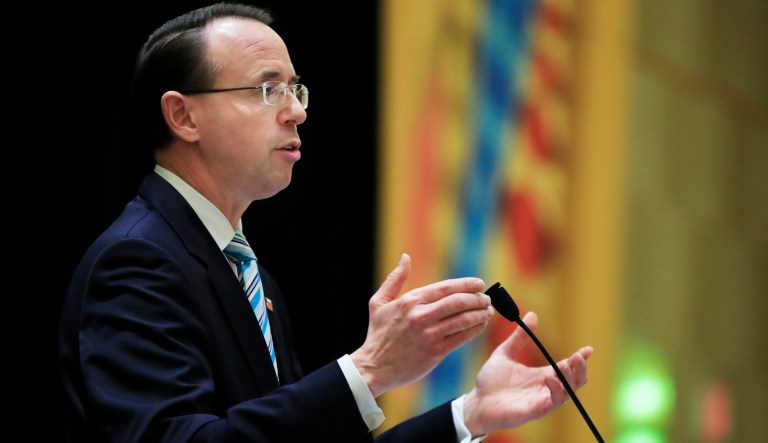 Deputy Attorney General Rod Rosenstein, speaks to the Bar Association of Montgomery County, Md., during its 2018 annual meeting and Law Day celebration in Rockville, Md., Friday, May 4, 2018.