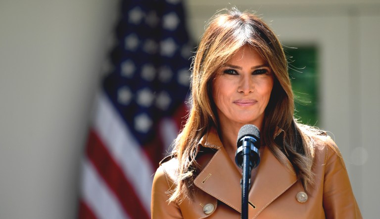 First lady Melania Trump speaks during an event in the Rose Garden of the White House.
