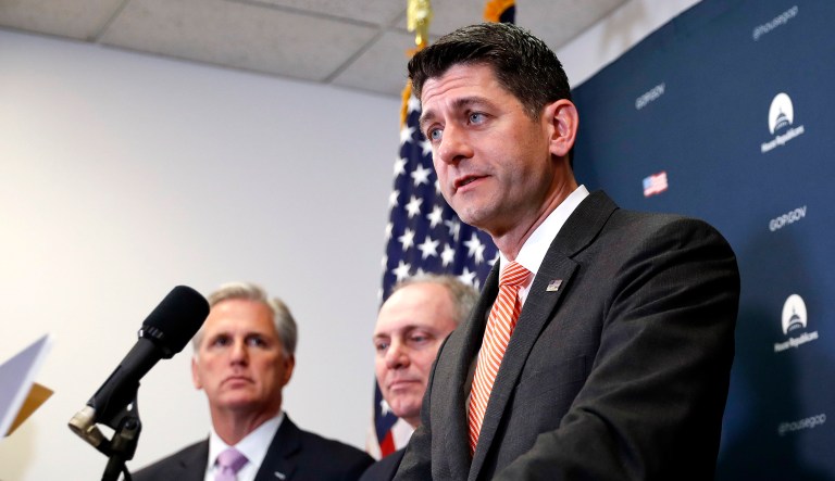 House Speaker Paul Ryan of Wis., center, with from left, House Majority Leader Kevin McCarthy of California, and House Majority Whip Steve Scalise, R-La., speaks to members of the media.