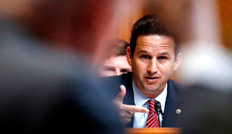Sen. Brian Schatz, D-Hawaii, asks Defense Secretary Jim Mattis a question during a hearing on Capitol Hill in D.C.