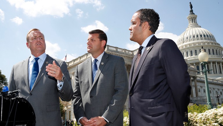 Rep. Jeff Denham, R-Calif., left, speaks next to Rep. David Valadao, R-Calif., and Rep. Will Hurd, R-Texas. Their effort at immigration reform fell short. (AP Photo/Jacquelyn Martin)