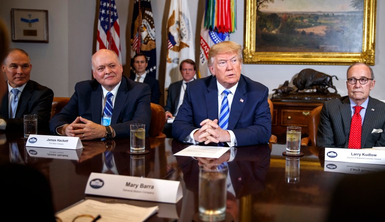 President Trump speaks during a meeting with automotive executives in the Roosevelt Room of the White House in Washington. From left, Environmental Protection Agency administrator Scott Pruitt, Ford CEO James Hackett, Trump, and White House chief economic adviser Larry Kudlow.