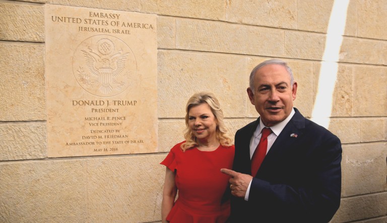 Israeli Prime Minister Benjamin Netanyahu, right, and his wife, Sara, attend the opening ceremony of the new U.S. Embassy in Jerusalem on May 14.