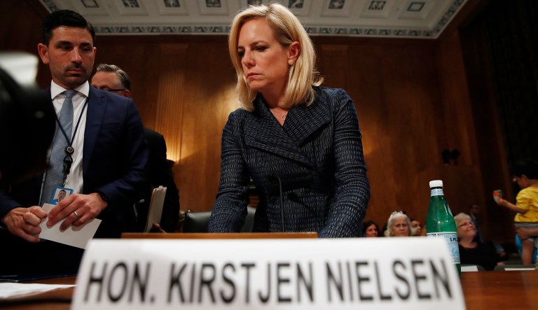 Homeland Security Secretary Kirstjen Nielsen arrives to testify to the Senate Homeland Security Committee, Tuesday, May 15, 2018, on Capitol Hill in Washington. 