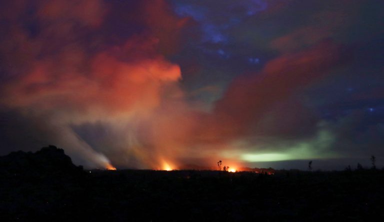 Lava shoots into the night sky from active fissures on the lower east rift of the Kilauea volcano on Tuesday near Pahoa, Hawaii.