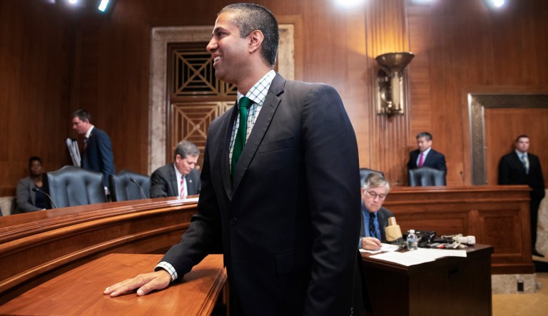 Ajit Pai, chairman Federal Communications Commission, arrives to testify on his budget before a Senate Appropriations subcommittee on Capitol Hill in Washington, Thursday, May 17, 2018.