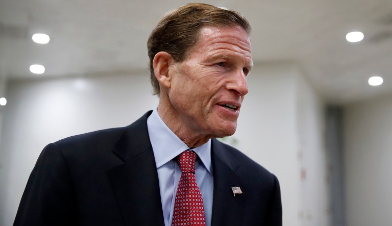 Sen. Richard Blumenthal, D-Conn., arrives for a vote in Washington. 