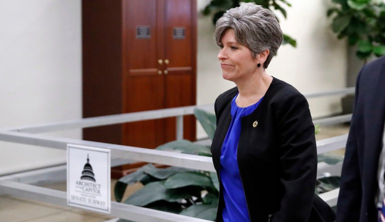 Sen. Joni Ernst, R-Iowa, arrives for a vote on Gina Haspel to be CIA director, on Capitol Hill, Thursday, May 17, 2018 in Washington.