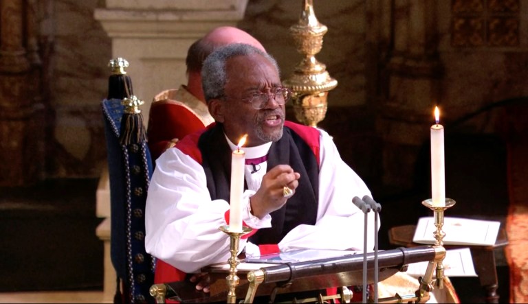 In this frame from video, the Most Rev. Michael Bruce Curry speaks during the wedding ceremony of Britain's Prince Harry and Meghan Markle at St. George's Chapel in Windsor Castle in Windsor, near London, England, on Saturday.