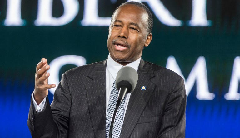 Secretary of Housing and Urban Development Ben Carson speaks at the 45th Liberty University commencement at Williams Stadium on Saturday May 19, 2018, in Lynchburg, Va.