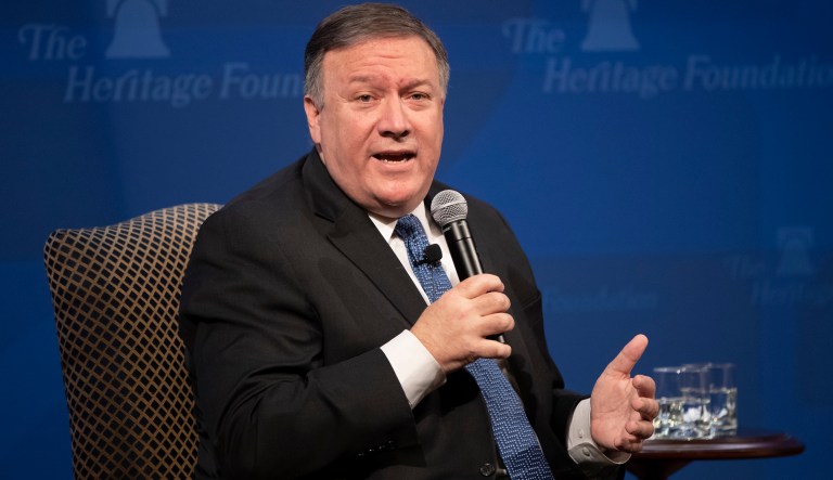 Secretary of State Mike Pompeo speaks at the Heritage Foundation, a conservative public policy think tank, in Washington, Monday, May 21, 2018. Pompeo issued a steep list of demands Monday that he said should be included in a nuclear treaty with Iran to replace the Obama-era deal, threatening "the strongest sanctions in history" if Iran doesn't change course.  