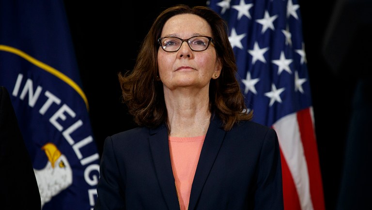 Incoming Central Intelligence Agency director Gina Haspel listens to a speech.